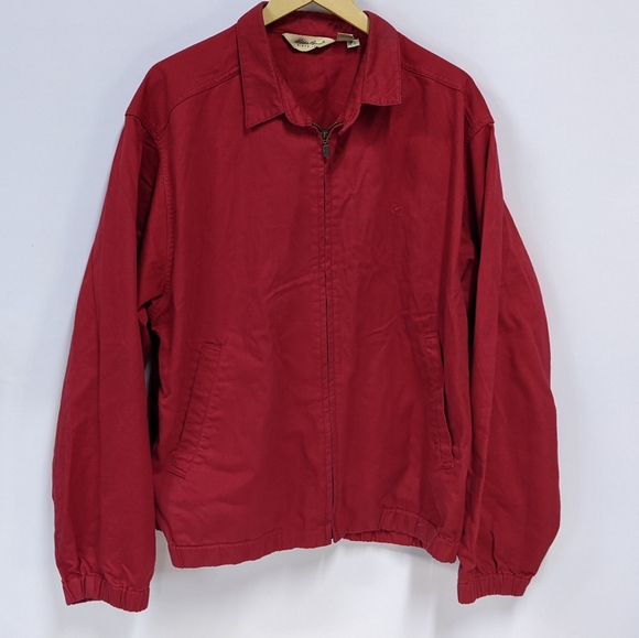 Vintage Eddie Bauer Red Denim Bomber Jacket With Plaid Trim, Full Zip, Large - Picture 2 of 12